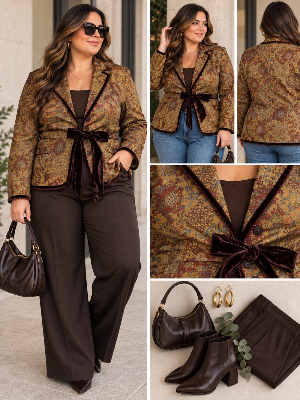 🤎 Lane Bryant Size 26 Brocade Floral Blazer with Velvet Tie